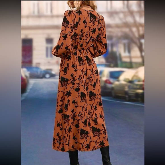 New Midi Floral Thigh Split Brown Orange Rust Color Mix Dress Surplice V Neck - Picture 3 of 16